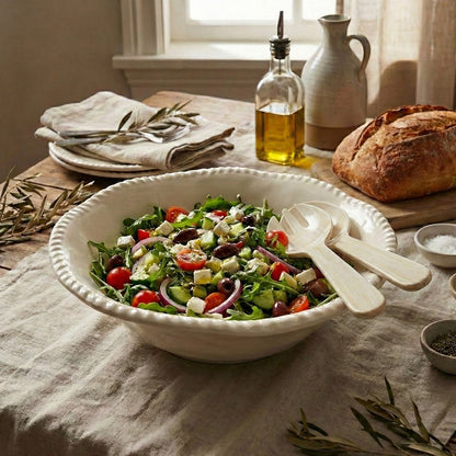 Slakom met saladebestek melamine crème 30.5 cm