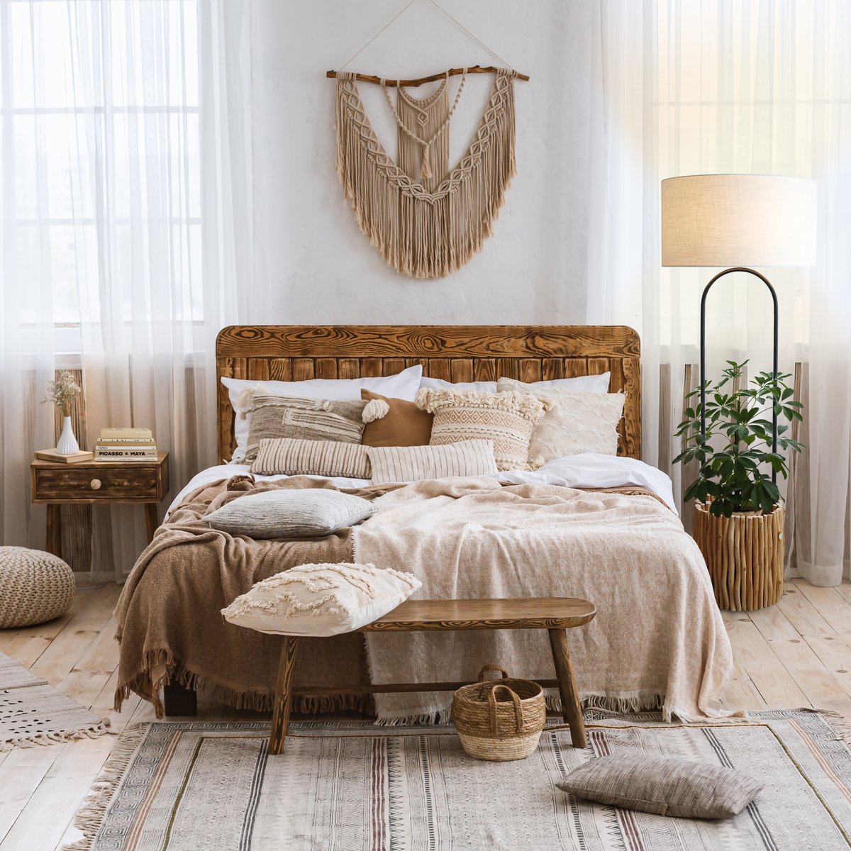 Vloerlamp drijfhout naturel/wit 155 cm met plantenmand