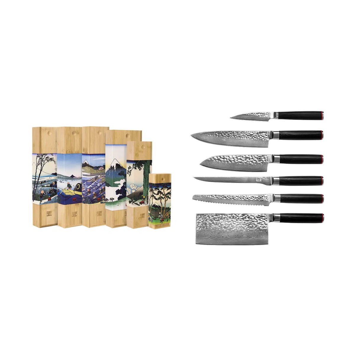 De Pakka Damascus Complete Set: 6 messen (Damascus officemes 90 mm + Damascus Santoku 180 mm + Damascus Gyuto 200 mm + Damascus Fileermes 200 mm + Damascus Broodmes 200 mm + Damascus Cleaver 190 mm)