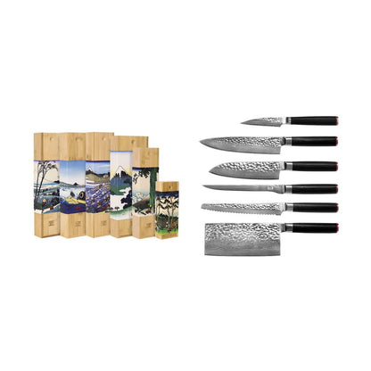 De Pakka Damascus Complete Set: 6 messen (Damascus officemes 90 mm + Damascus Santoku 180 mm + Damascus Gyuto 200 mm + Damascus Fileermes 200 mm + Damascus Broodmes 200 mm + Damascus Cleaver 190 mm)