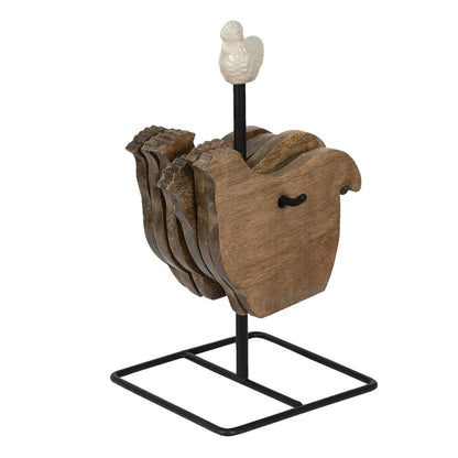 Onderzetters kip 6 stuks hout bruin