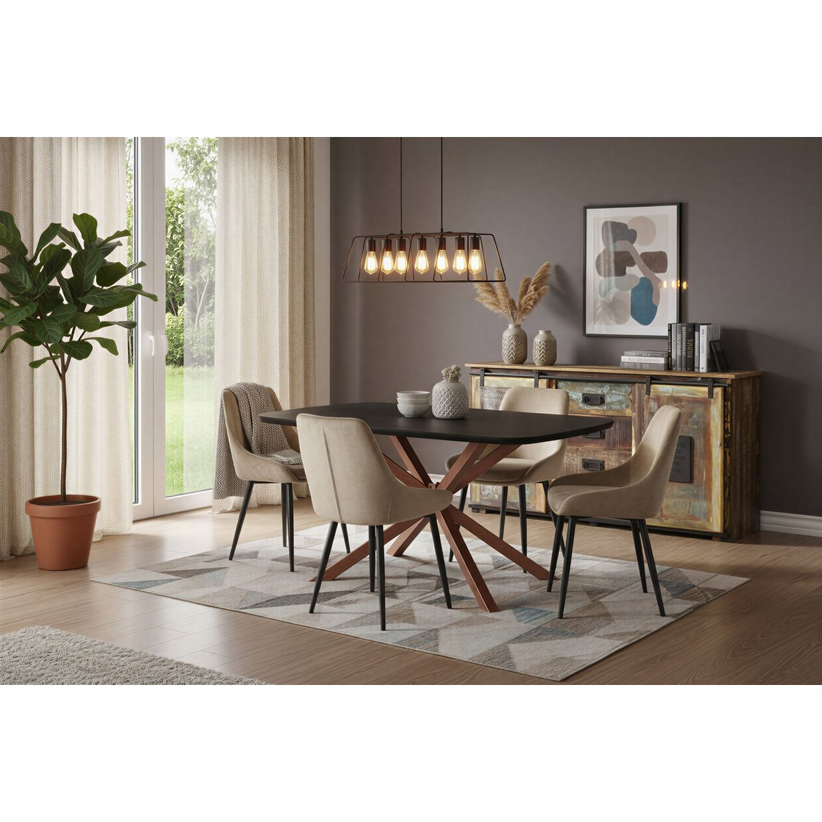 Eettafel 180x90 cm mangohout zwart stalen sterframe antiekbruin
