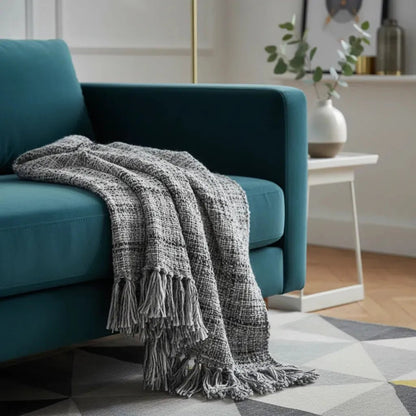 Plaid 130x170 cm grijs geweven met franjes