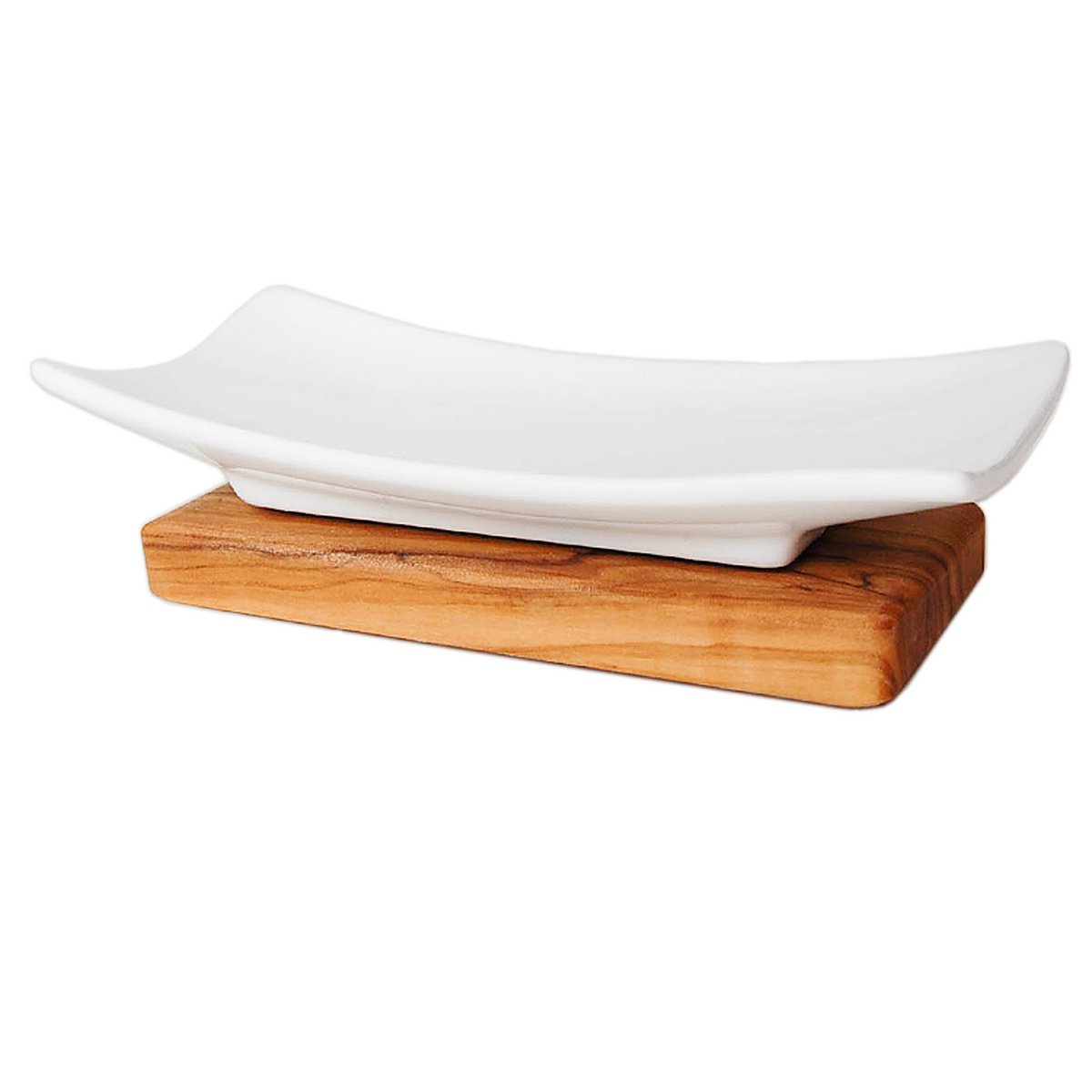 Zeepbakje porselein olijfhout 14x7x4 cm