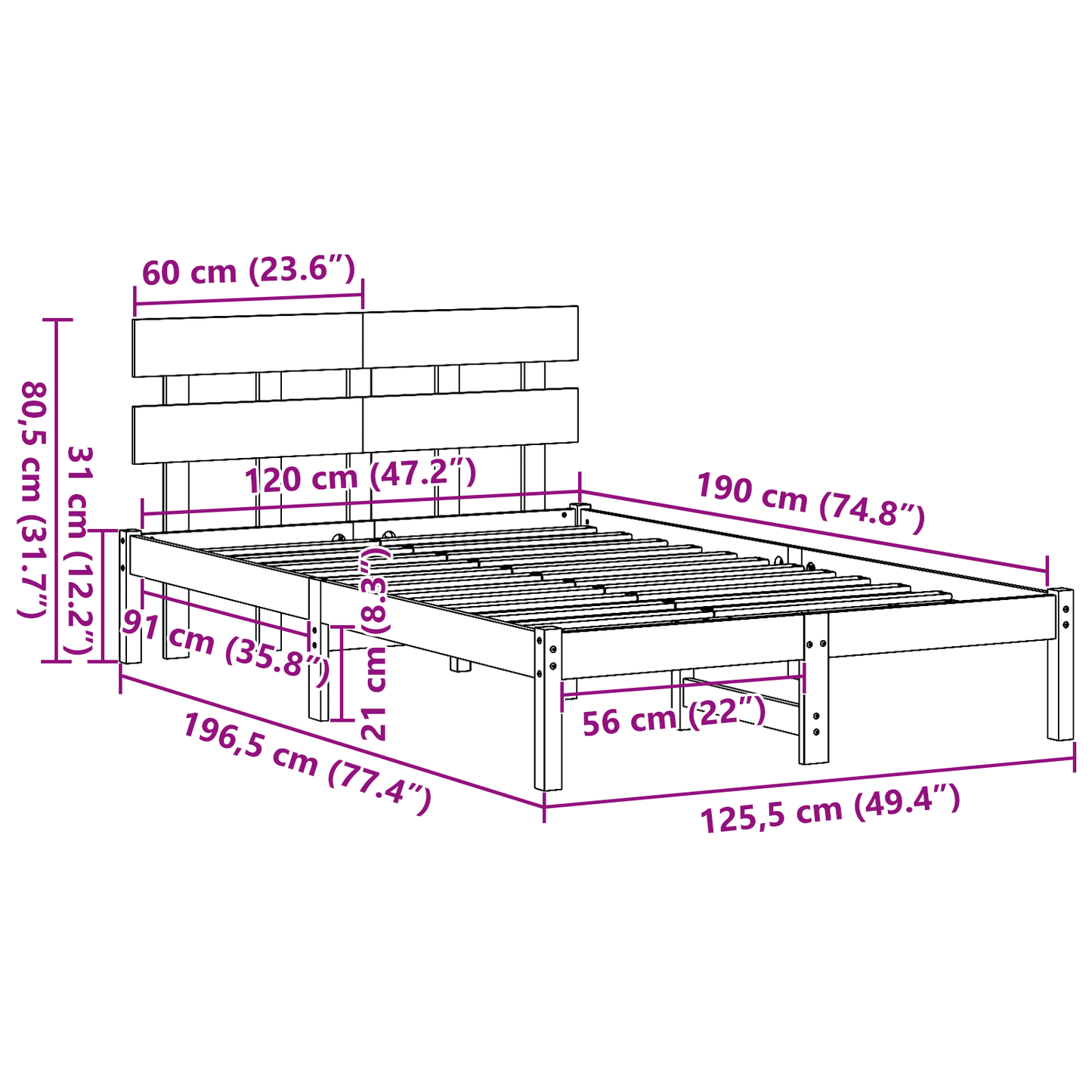 Bedframe met hoofdeinde 120x190 cm van massief grenenhout