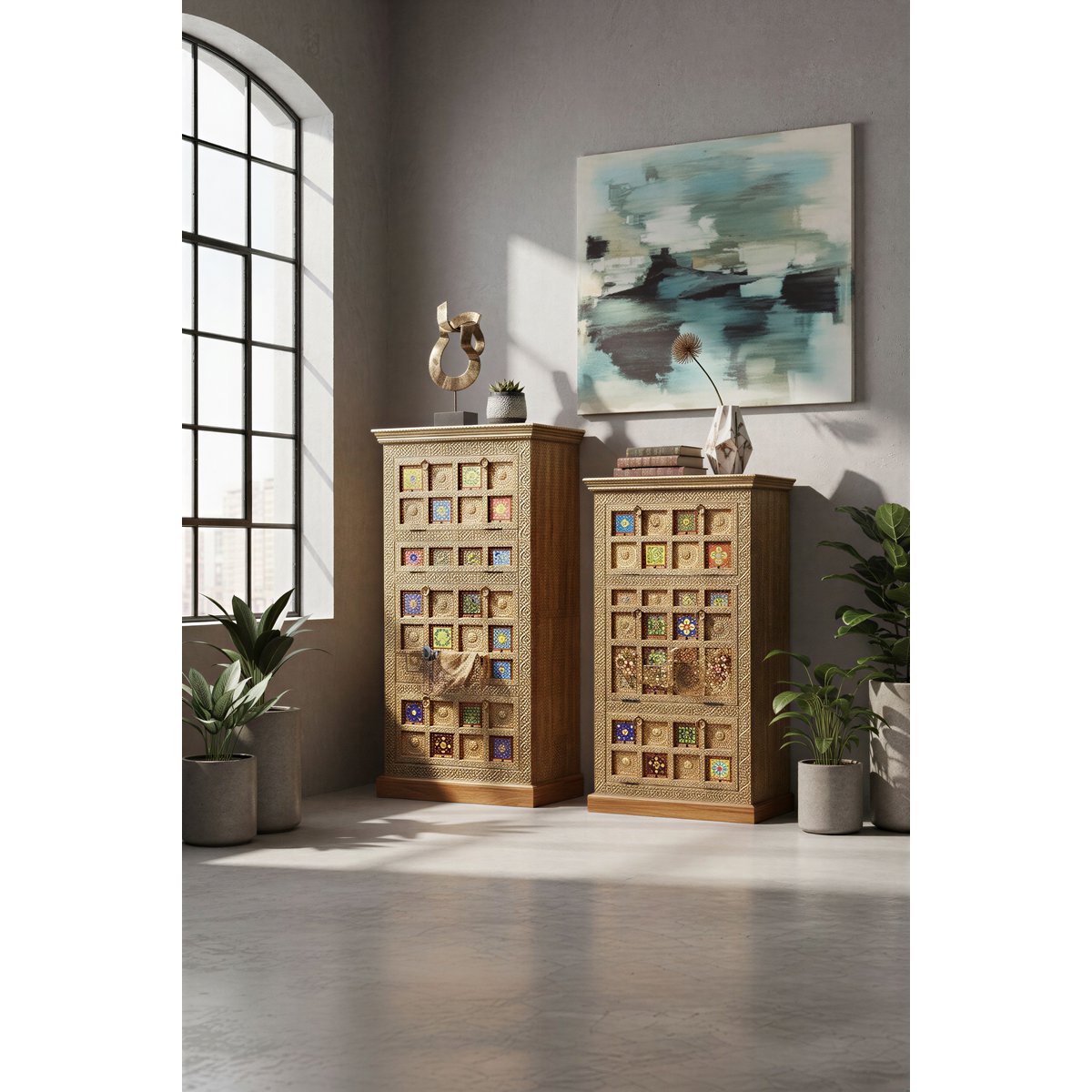Shoe cabinet with 3 flaps, acacia, metal, colorful