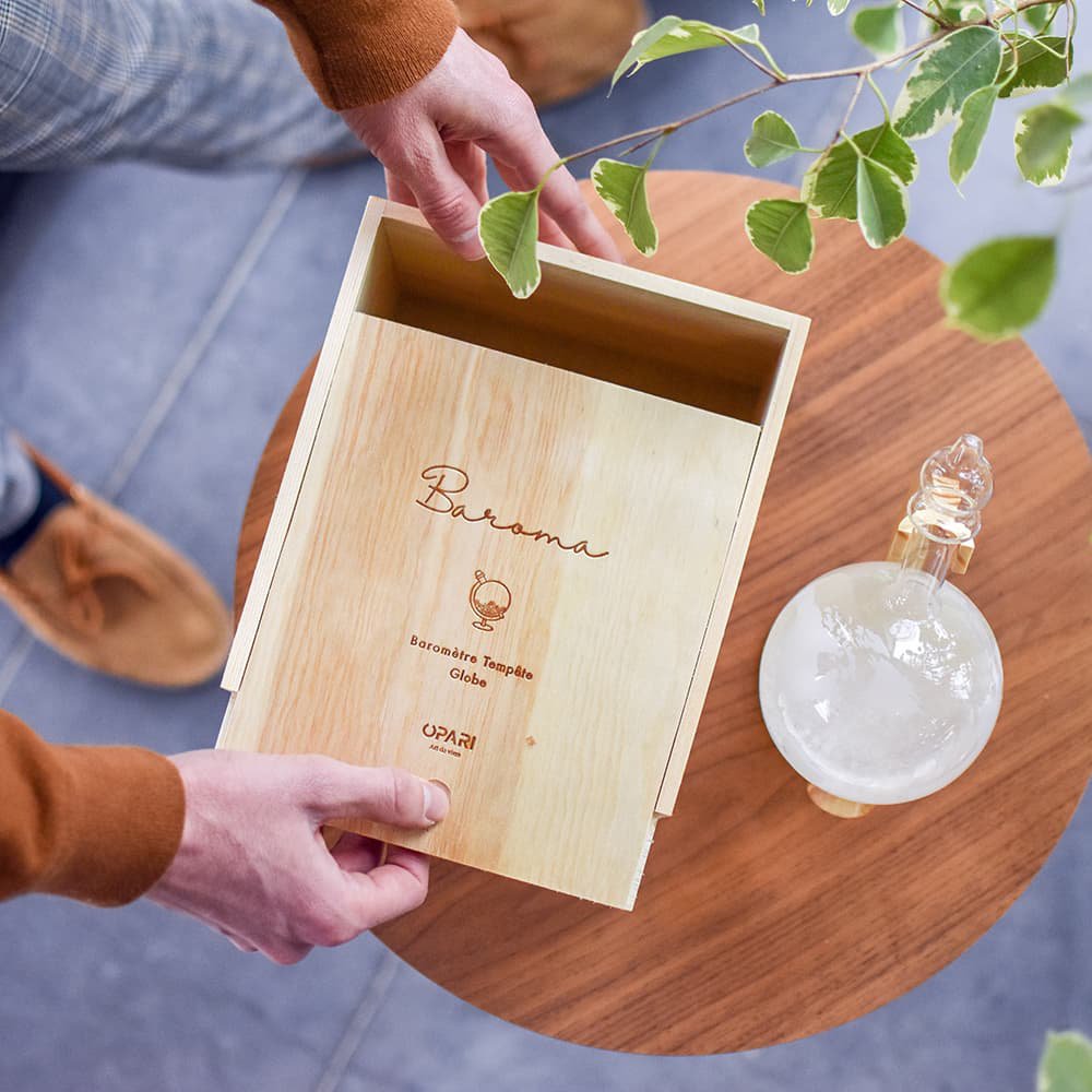 Stormbarometer glas met houten basis 19x11 cm