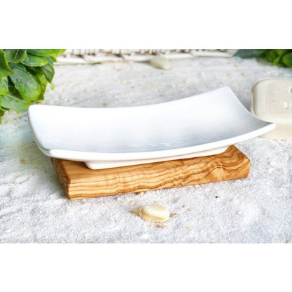 Zeepbakje porselein olijfhout 14x7x4 cm