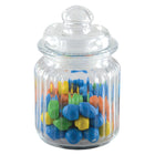 Glazen pot met gestreepte deksel 8x8x12 cm