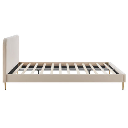 Bed 140x200 cm beige fluweel goudkleurige poten