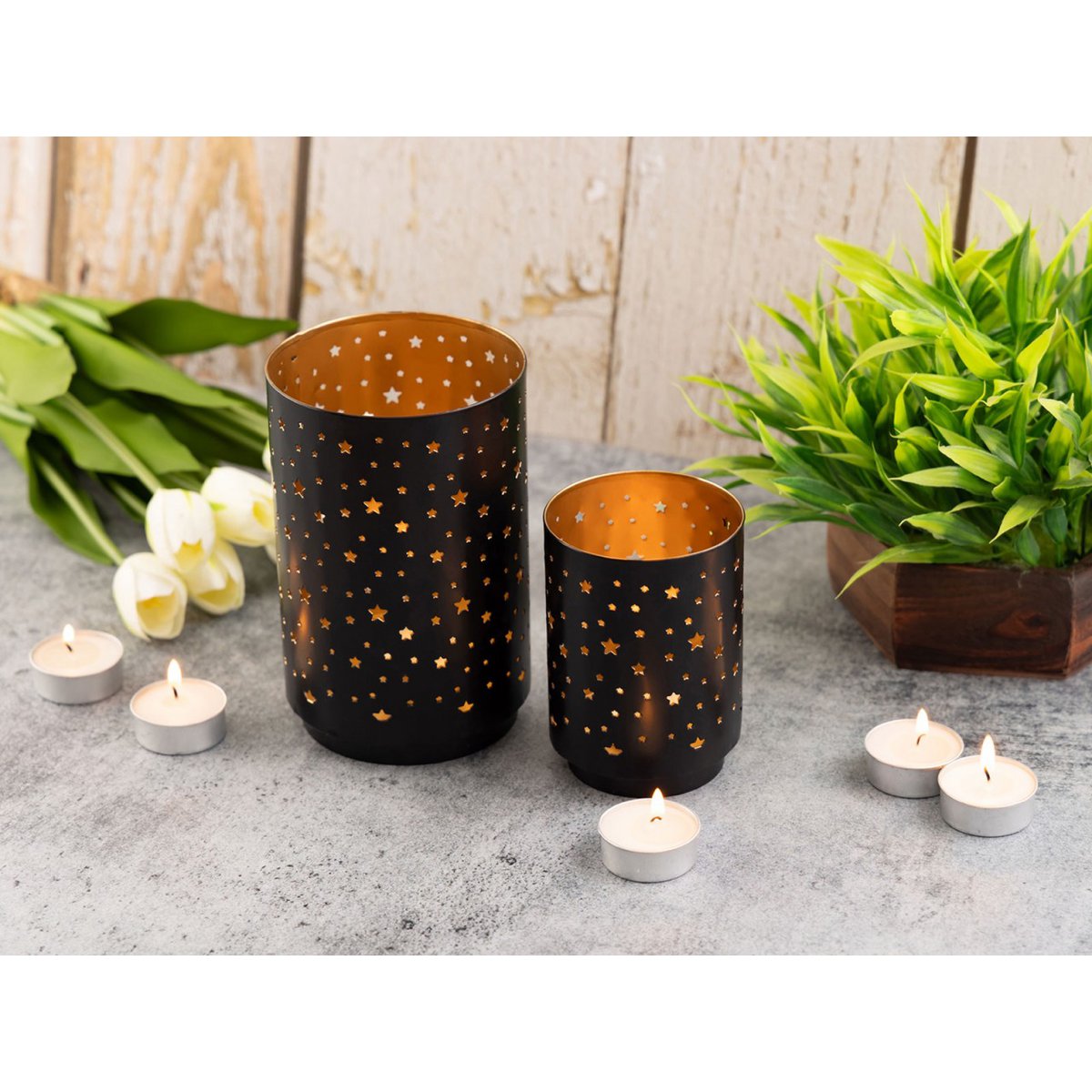 Kandelaars set 2 stuks Ø8x12cm en Ø11x16cm zwart goud