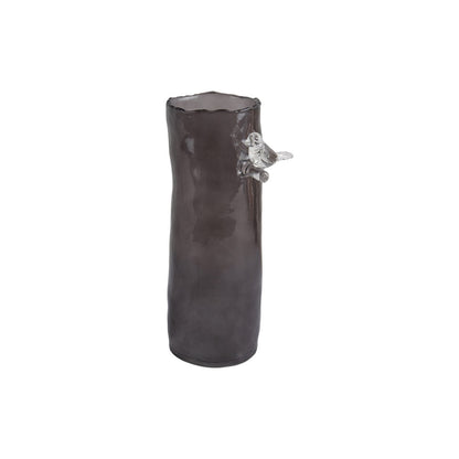 Vaas glas grijs 27x10 cm vogel op tak