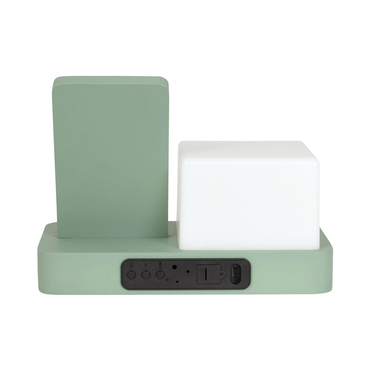 Wekker hout groen retro met nachtlampje en telefoonoplader