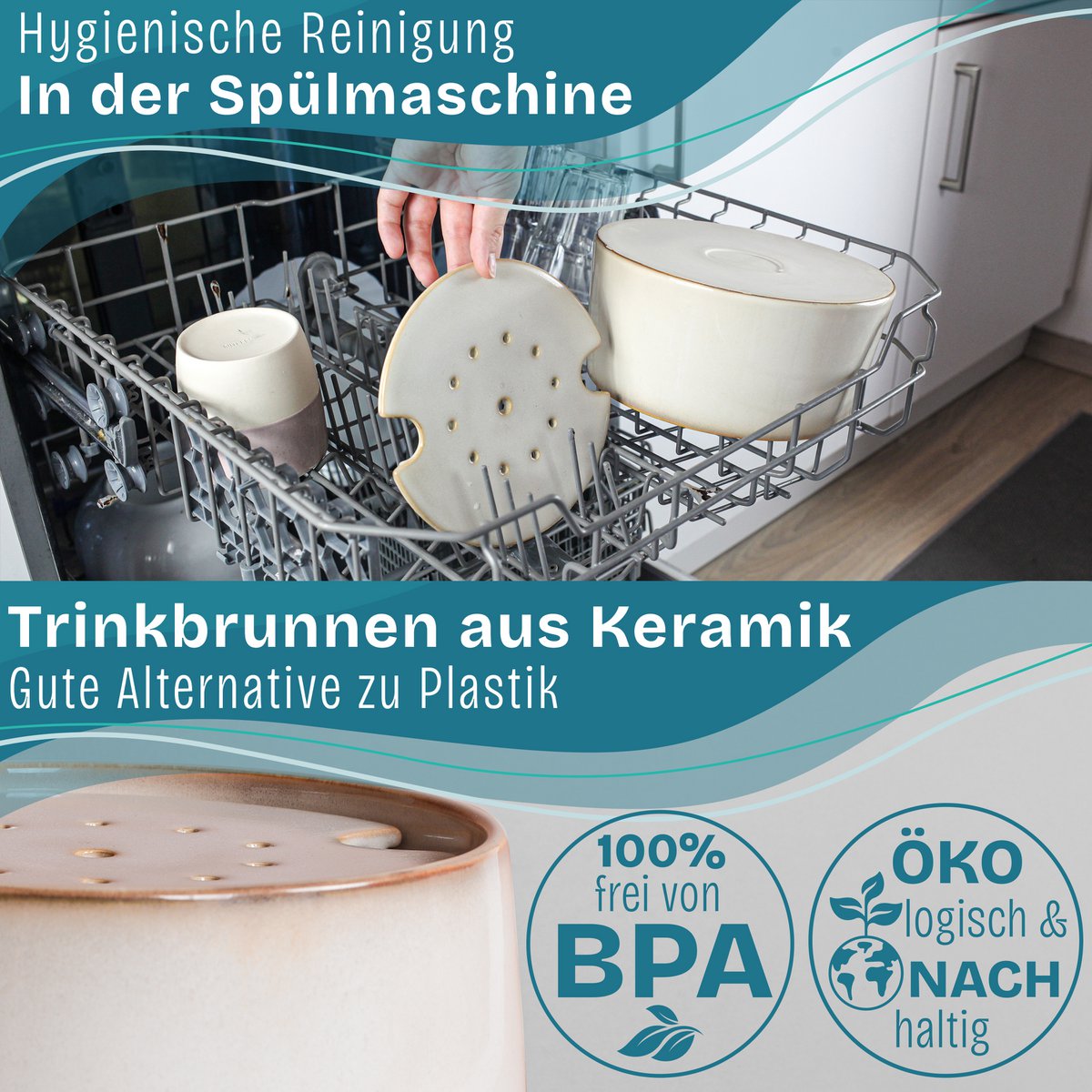 Drinkfontein kat keramiek bamboe 1.5L stil