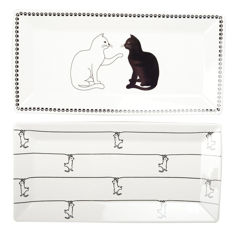 Serveerschaal keramiek zwart wit kat 2 stuks 32.5x15.5x2.5 cm