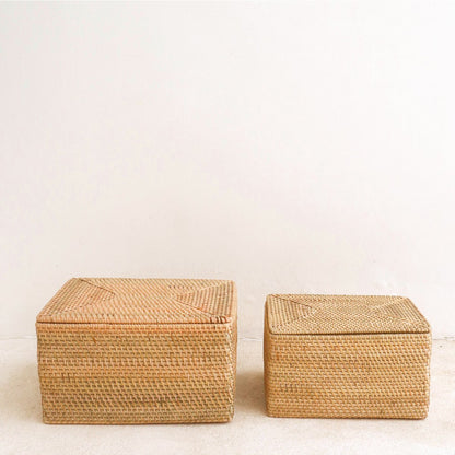 Opbergmand met deksel rotan beige