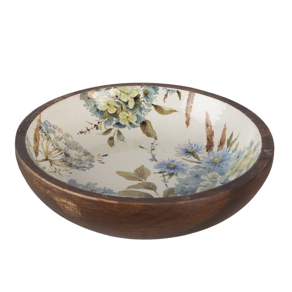 Serving Dish Ø 24x4 cm White Blue Wood Flowers Presentation Dish