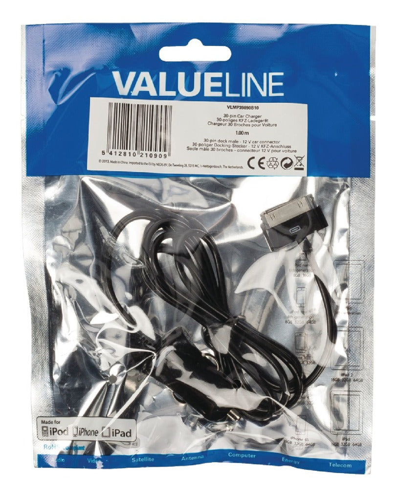 Valueline Vlmp39890B10 30-Pins Auto-Lader 30-Pins Dock Male - 12V-Autoaansluiting 1,00 M Zwart 2.1A
