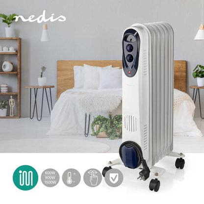 Nedis Htoi30Wt7 Mobiele Olieradiator 600 / 900 / 1500 W 7 Vinnen Instelbare Thermostaat 3 Warmte Standen Omvalpreventie Wit