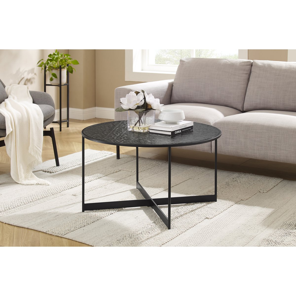Salontafel rond Ø 80 cm rookglas zwart