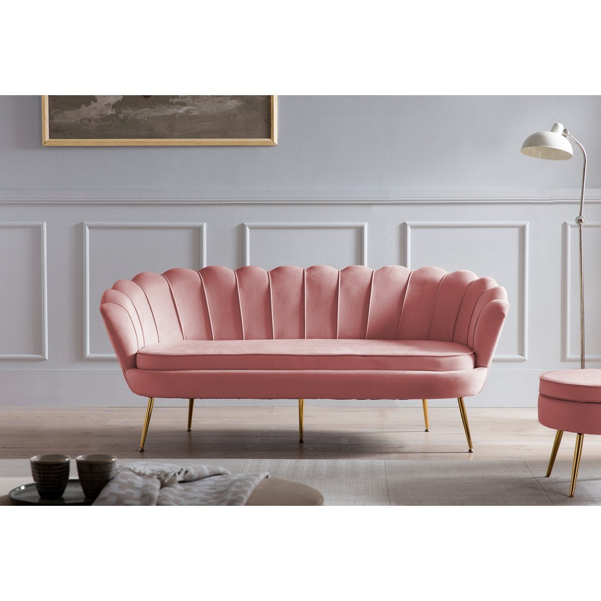 Poef roze fluweel goudkleurig frame 52x52x41 cm