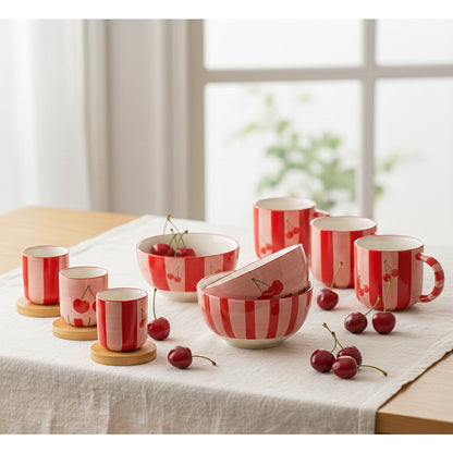 Kersen koffiekopjes met houten schoteltjes - set van 4