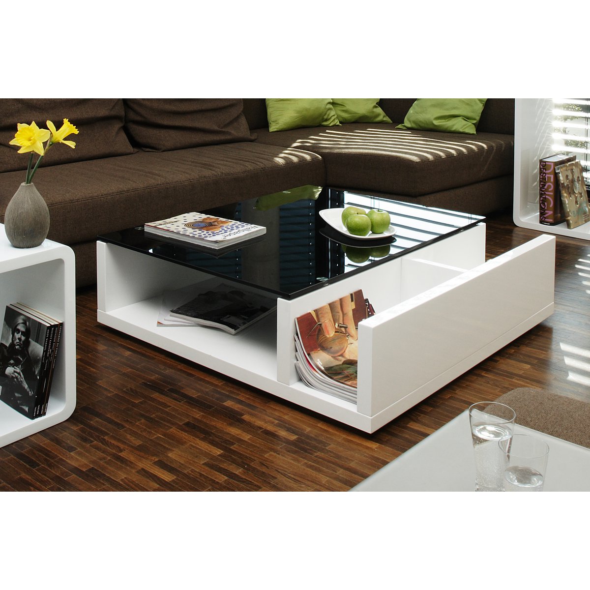 Salontafel 100x100x30 cm wit zwart MDF glas