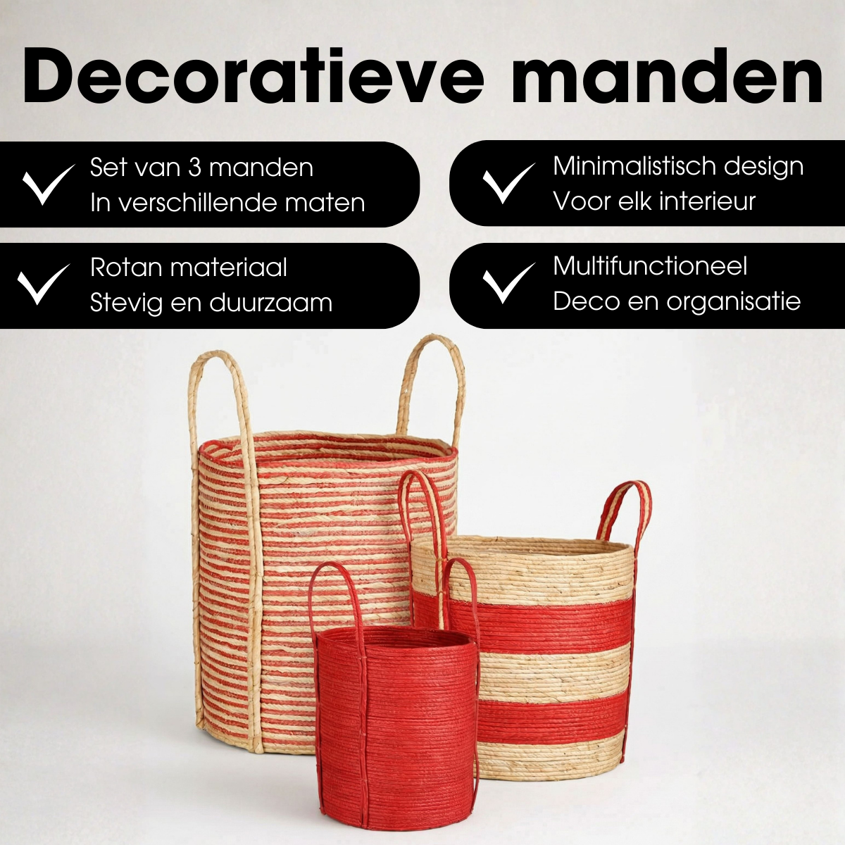 Opbergmandenset papierkoord maïsschil rood lichtbruin
