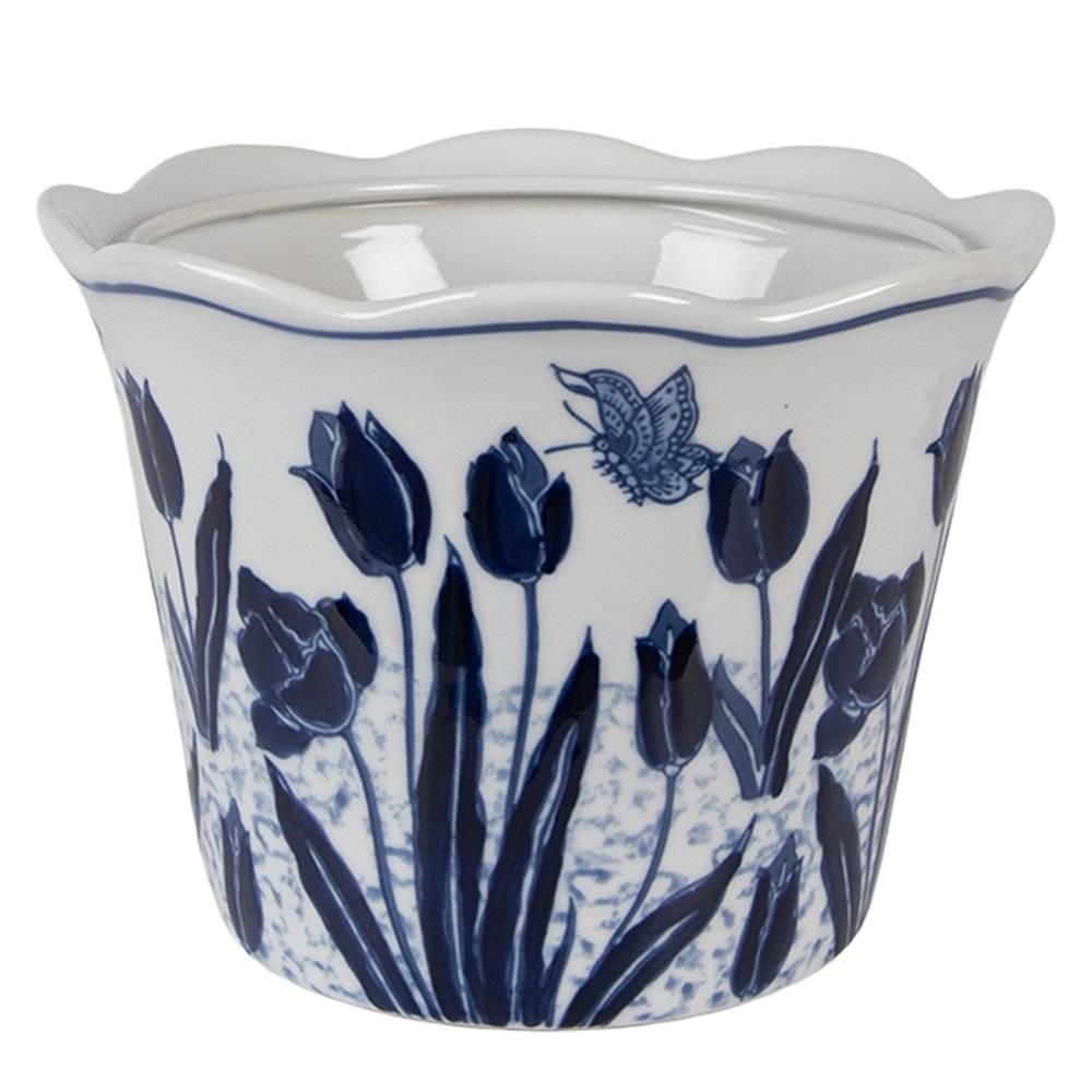 Bloempot Ø 17x15 cm wit blauw keramiek