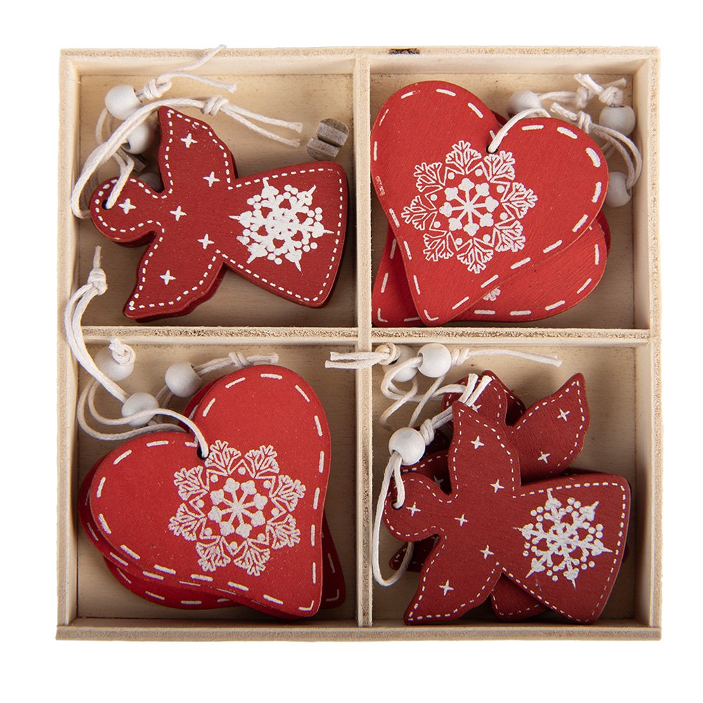 Kersthanger hart 13x13 cm rood hout set van 12