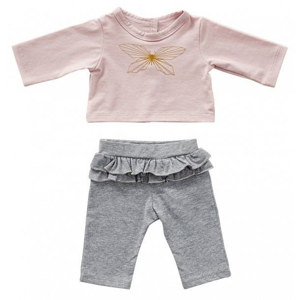 Poppenkleding set 45 cm grijs broekje roze vlinder shirt