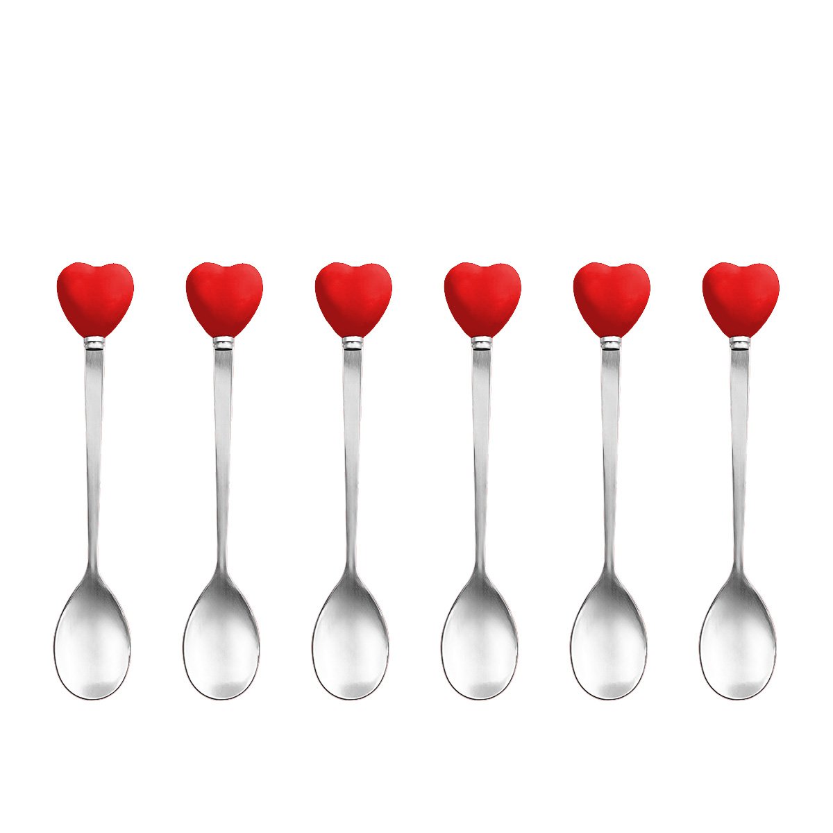 Theelepels set van 6 rood hart met houder roestvrij staal