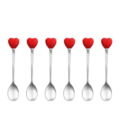 Theelepels set van 6 rood hart met houder roestvrij staal
