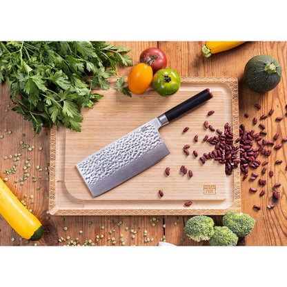 De Asian Set Deluxe Edition (B): 3 messen (schilmesje + santoku + hakmes) + 3 accessoires (bamboesnijplank + aanzetstaal + slijpset korrel 180/800)