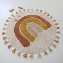 Washable cotton children's rug in rainbow colours with RAINBOW TOFFEE pompoms