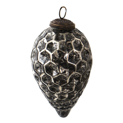 Kerstbal 7 cm glas zwart zilverkleurig