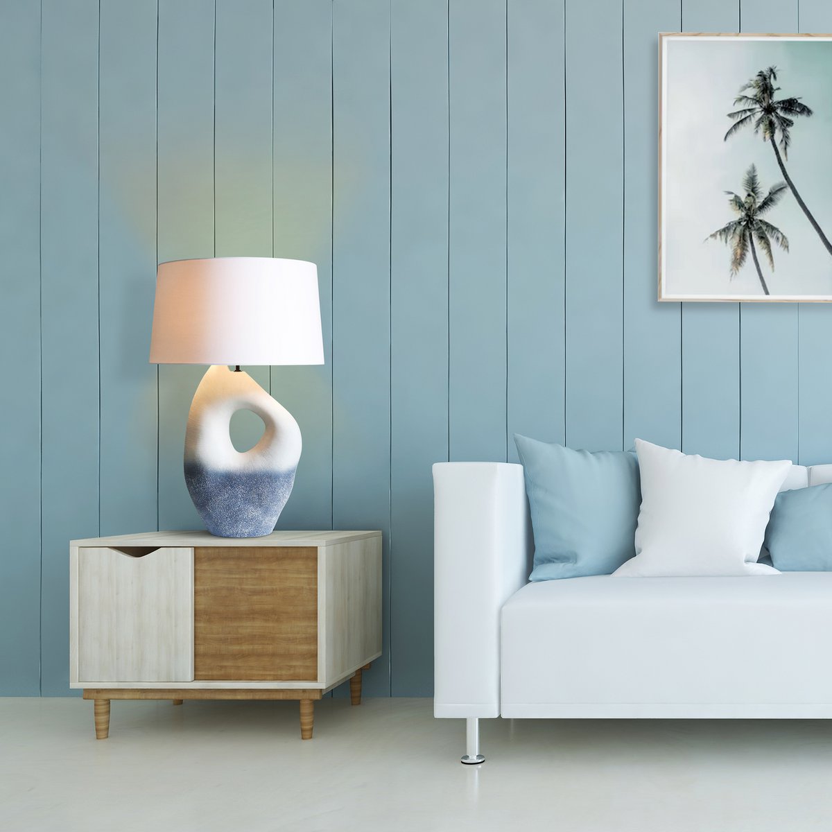 Tafellamp keramiek linnen blauw wit 69 cm