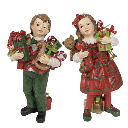 Kerstdecoratie beeldjes kinderen set van 2 rood groen 13 cm