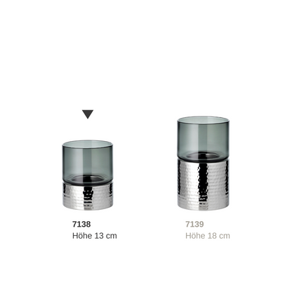 Cosmo kandelaar (hoogte 13 cm), donker glas, gehamerd, roestvrij staal, hoogglans gepolijst