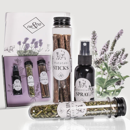 NE & NO® Gift Set Cats Well -being Herbs: Catnint + Valerian Spray + Matatabi Sticks