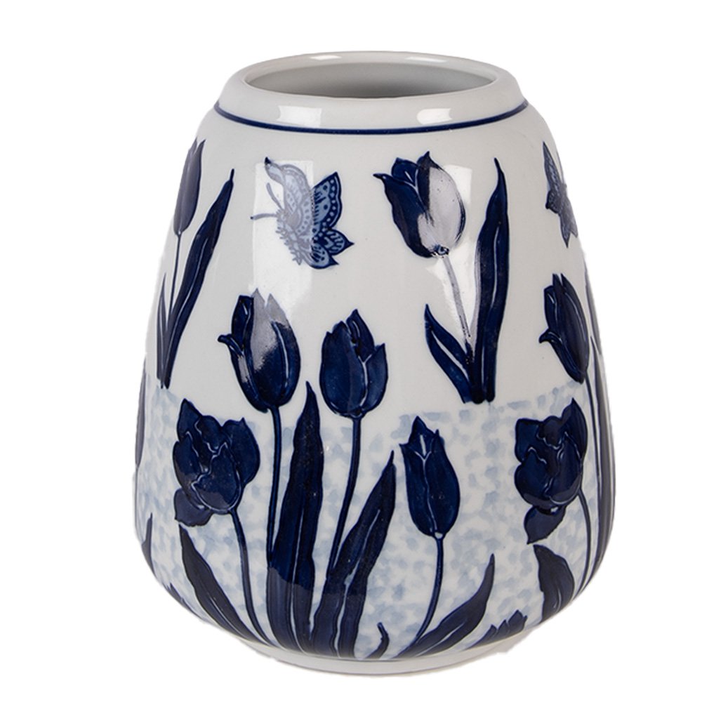 Vaas Ø 16x18 cm Wit Blauw Keramiek