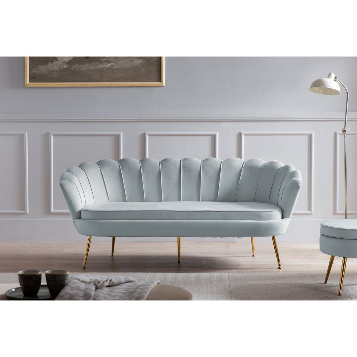 3-seater shell sofa in light grey velvet