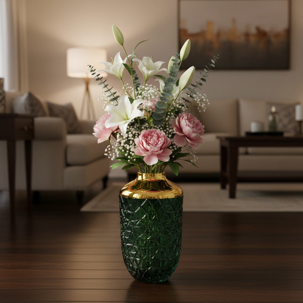 Vaas groen met gouden rand 16x29 cm glas