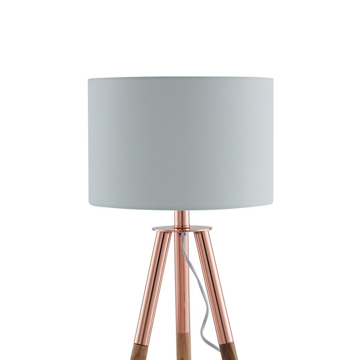 Table lamp with wooden frame and copper/oak fabric shade