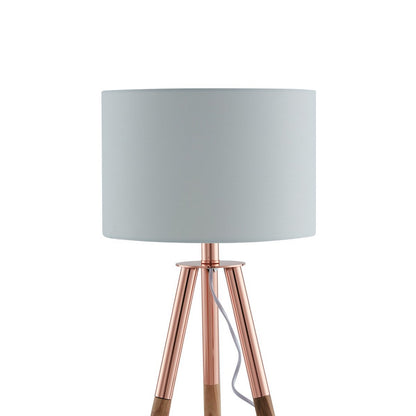Table lamp with wooden frame and copper/oak fabric shade