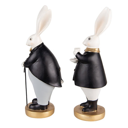 Beeld konijn set 2 stuks polyresin 13x11x34 cm zwart grijs