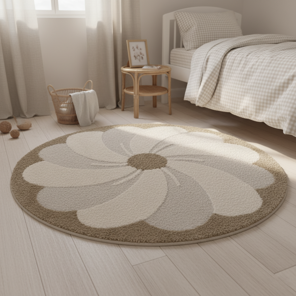 Kindervloerkleed rond bloemen ecru beige