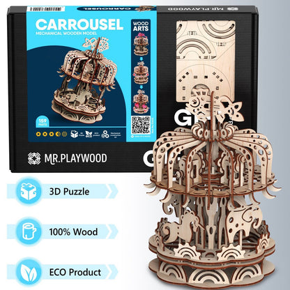 Houten 3D puzzel carrousel 25x25x32 cm