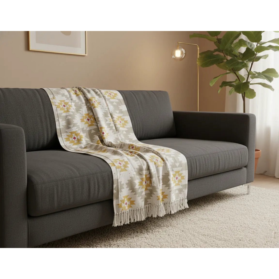 Plaid 130x170 cm katoen geometrisch mosterd