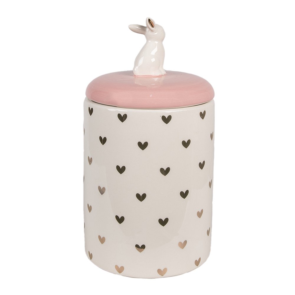 Voorraadpot Konijn Ø 13x30 cm Roze Wit Keramiek Hartjes Voorraadpot Deksel